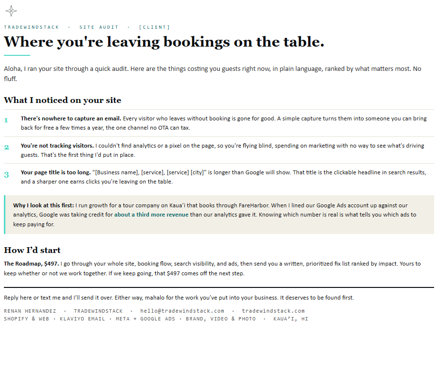 A generated one-page site audit, with the client name removed.