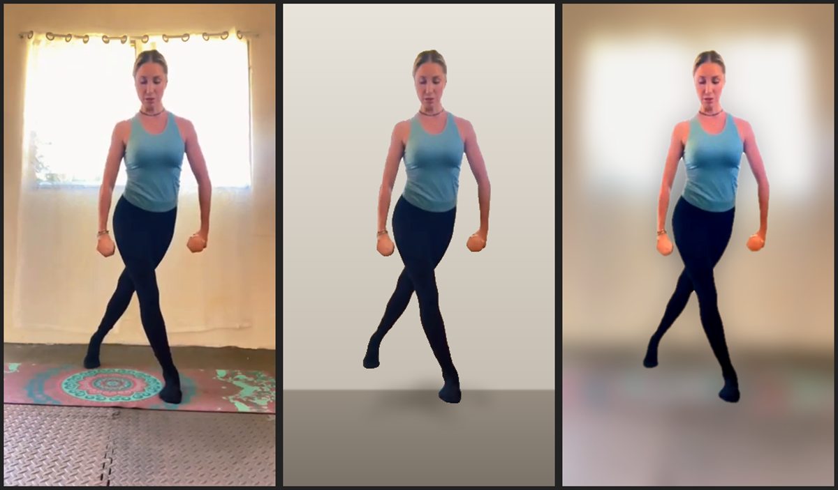 The same frame three ways: filmed in the original room, cut out and placed on a clean studio background, and composited back over a defocused version of the room.