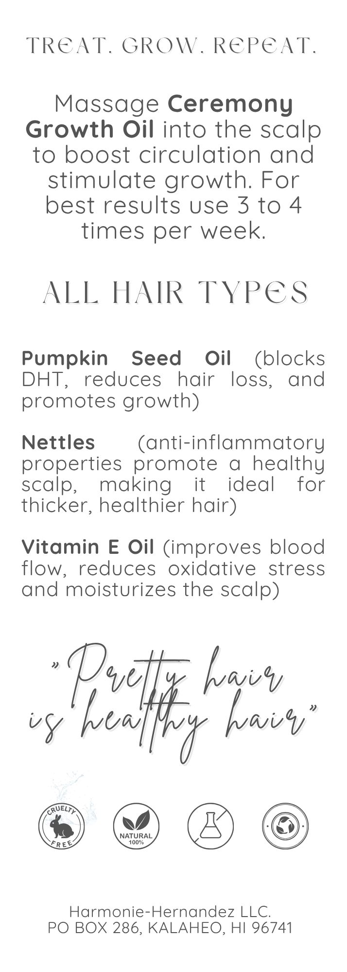 The back of the Ceremony Growth Oil carton: ingredients, directions, claims and cautions, written and typeset.