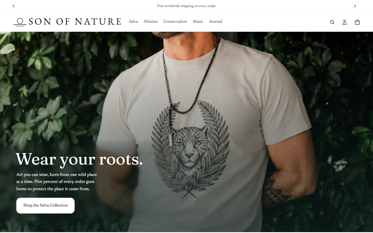 Son of Nature storefront: Wear your roots.