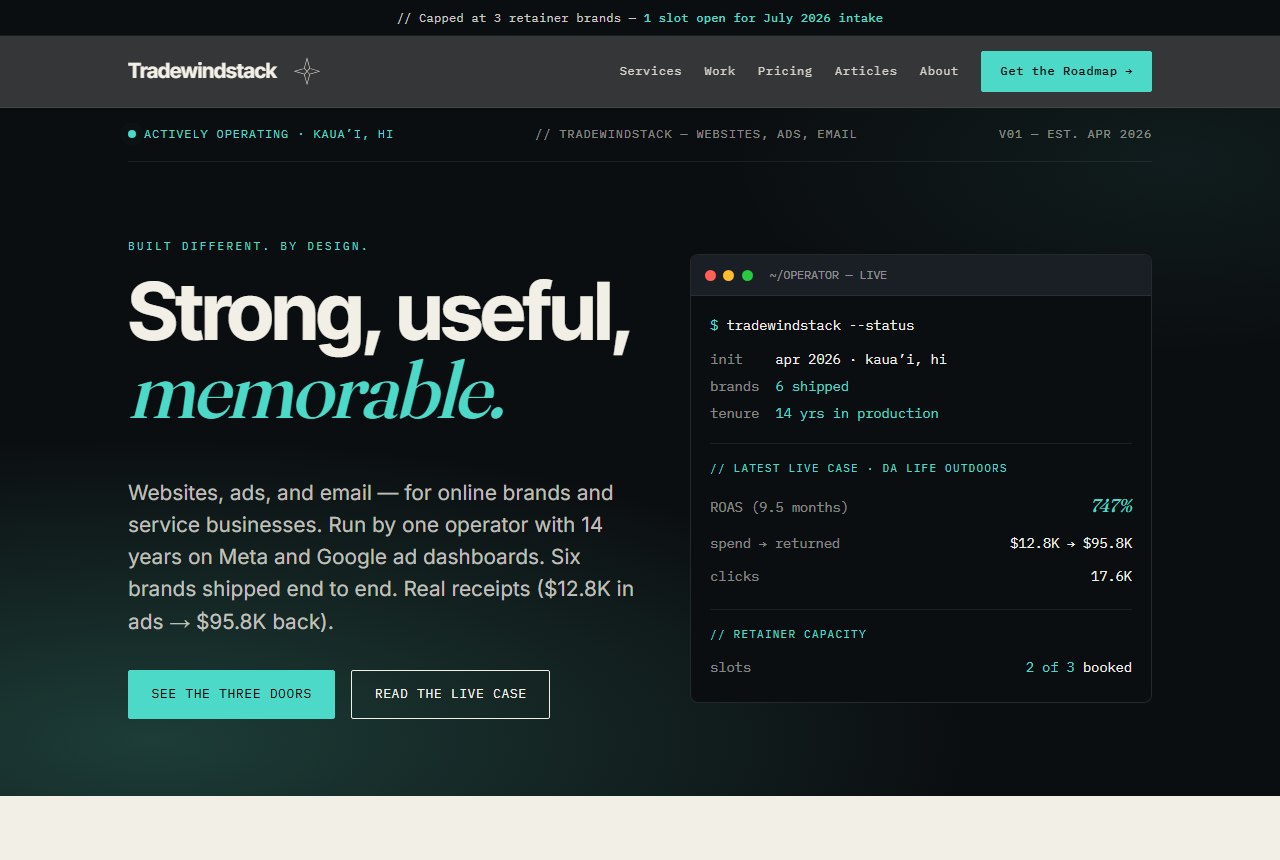 TradeWindStack studio site: Strong, useful, memorable.